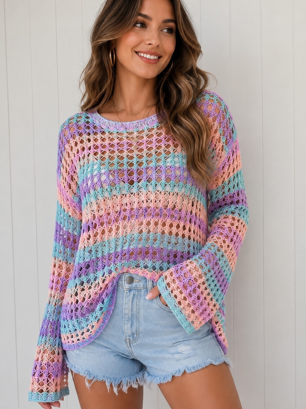 Pastel Multi-Stripe Open-Knit Scoop Neck Sweater Top NWOT